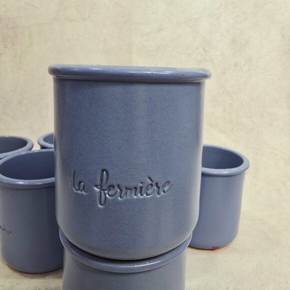 Set of 8 Fermière Cermer Yogurt Pots Crocks Jars French Blue - Picture 10 of 11
